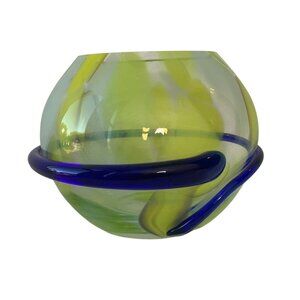 Vintage Art Glass Vase With Blue Yellow Swirls Saturn Ring MCM Decor